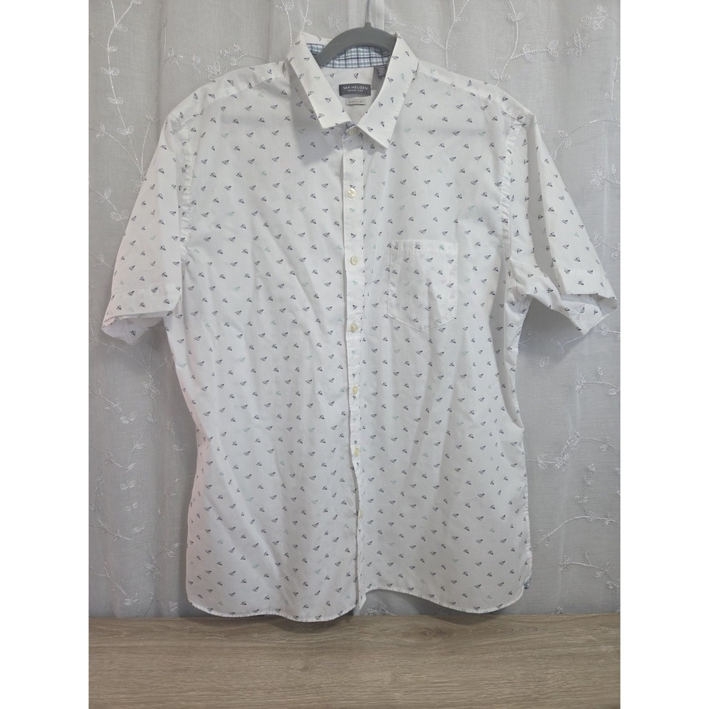 Van Heusen Never Tuck It Paper Airplane Button Short Sleeve Classic Fit Shirt XL